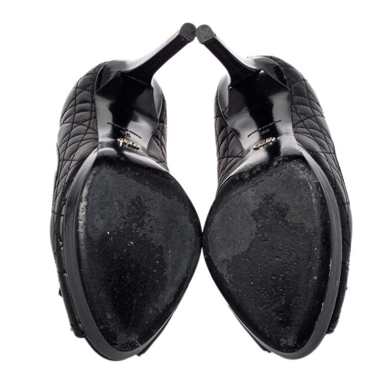 Pre Owned Dior Black Cannage Leather Bow Peep Toe Pumps Size 35