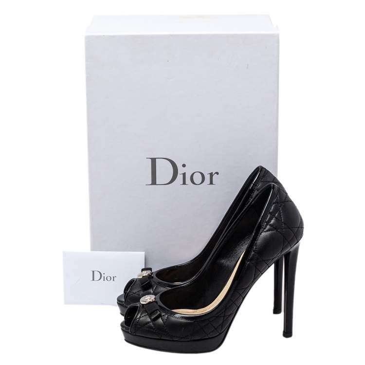 Pre Owned Dior Black Cannage Leather Bow Peep Toe Pumps Size 35