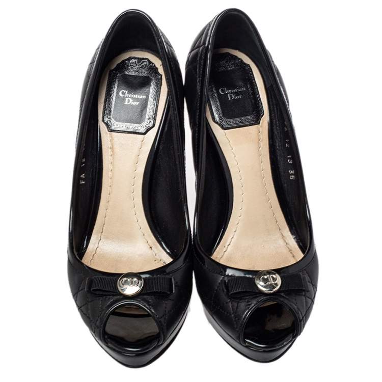 Pre Owned Dior Black Cannage Leather Bow Peep Toe Pumps Size 35