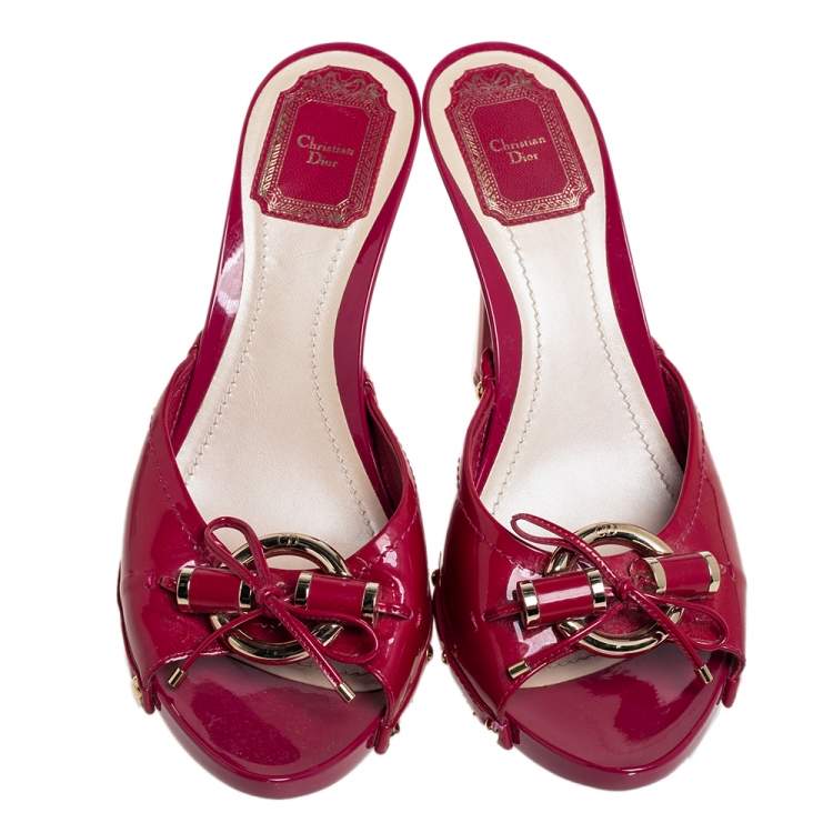 Pre Owned Dior Pink Patent Leather Bow Slide Sandals Size 39.5