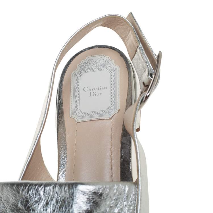 Pre Owned Dior Silver/White Leather Logo Embellished Slingback Flats Size 40
