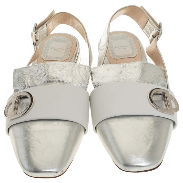 Pre Owned Dior Silver/White Leather Logo Embellished Slingback Flats Size 40