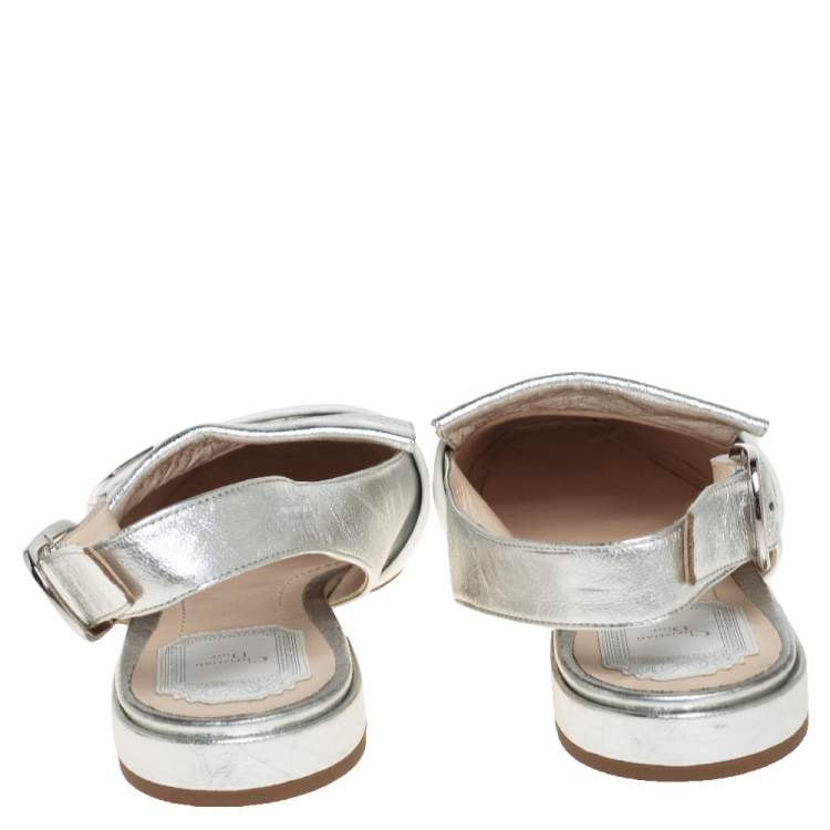 Pre Owned Dior Silver/White Leather Logo Embellished Slingback Flats Size 40