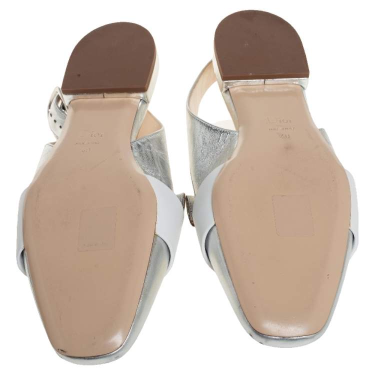 Pre Owned Dior Silver/White Leather Logo Embellished Slingback Flats Size 40
