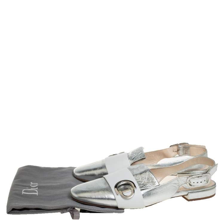 Pre Owned Dior Silver/White Leather Logo Embellished Slingback Flats Size 40