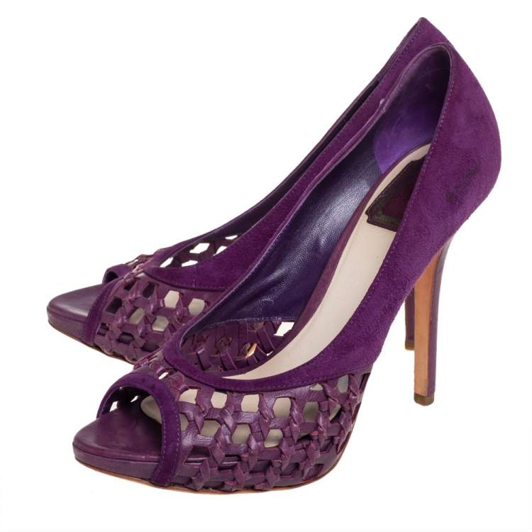 Pre Owned Dior Purple Woven Leather And Suede Peep Toe Platform Pumps Size 39
