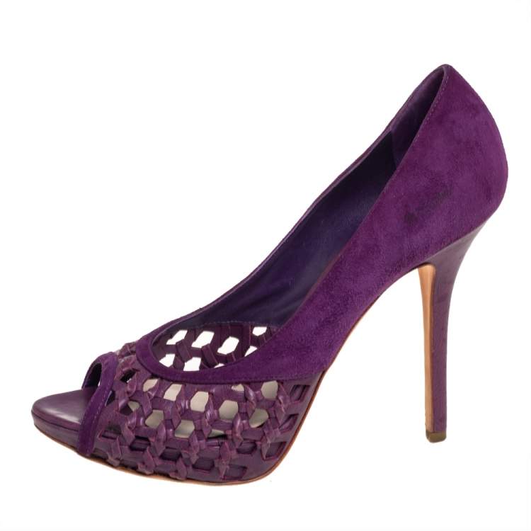 Pre Owned Dior Purple Woven Leather And Suede Peep Toe Platform Pumps Size 39