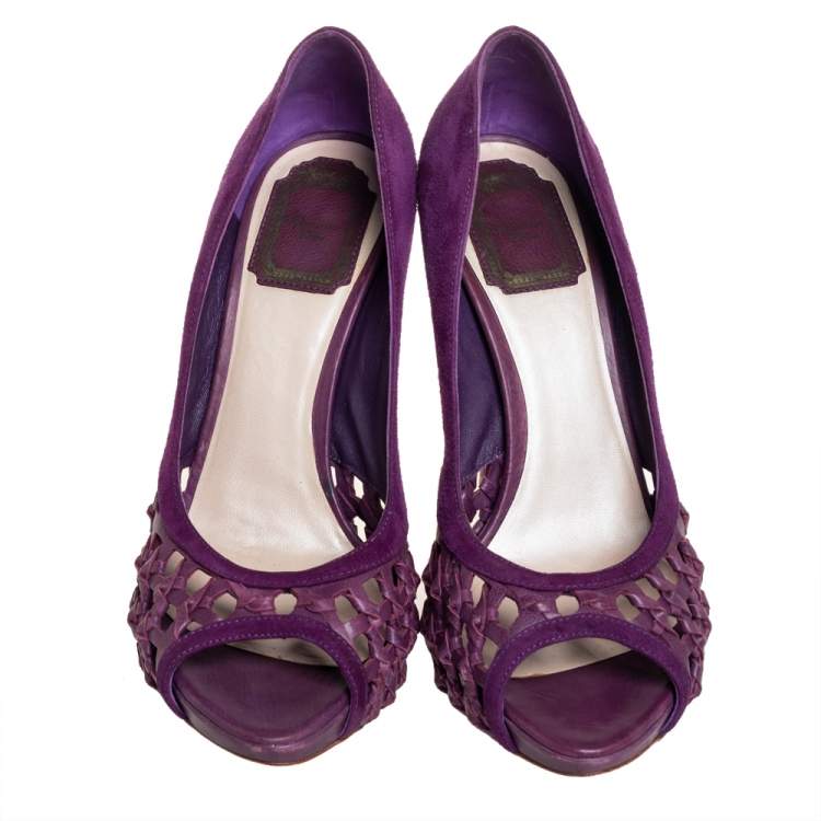 Pre Owned Dior Purple Woven Leather And Suede Peep Toe Platform Pumps Size 39