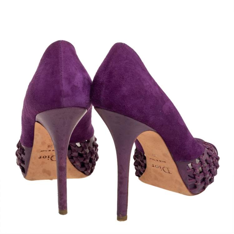 Pre Owned Dior Purple Woven Leather And Suede Peep Toe Platform Pumps Size 39