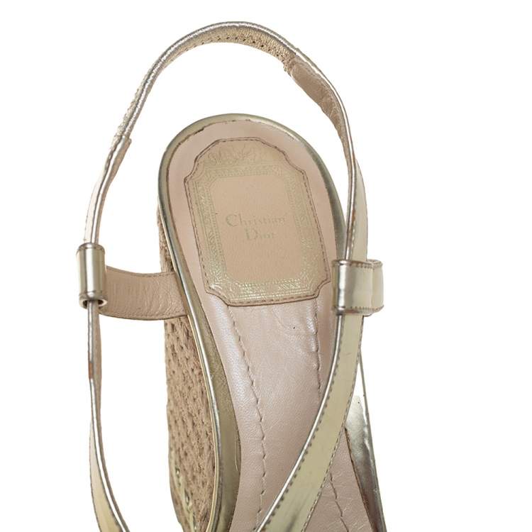 Pre Owned Dior Metallic Gold Patent Leather Cross Strap Espadrille Wedge Sandals Size 38