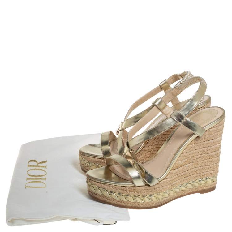 Pre Owned Dior Metallic Gold Patent Leather Cross Strap Espadrille Wedge Sandals Size 38