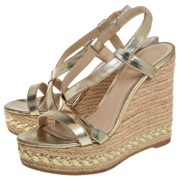 Pre Owned Dior Metallic Gold Patent Leather Cross Strap Espadrille Wedge Sandals Size 38