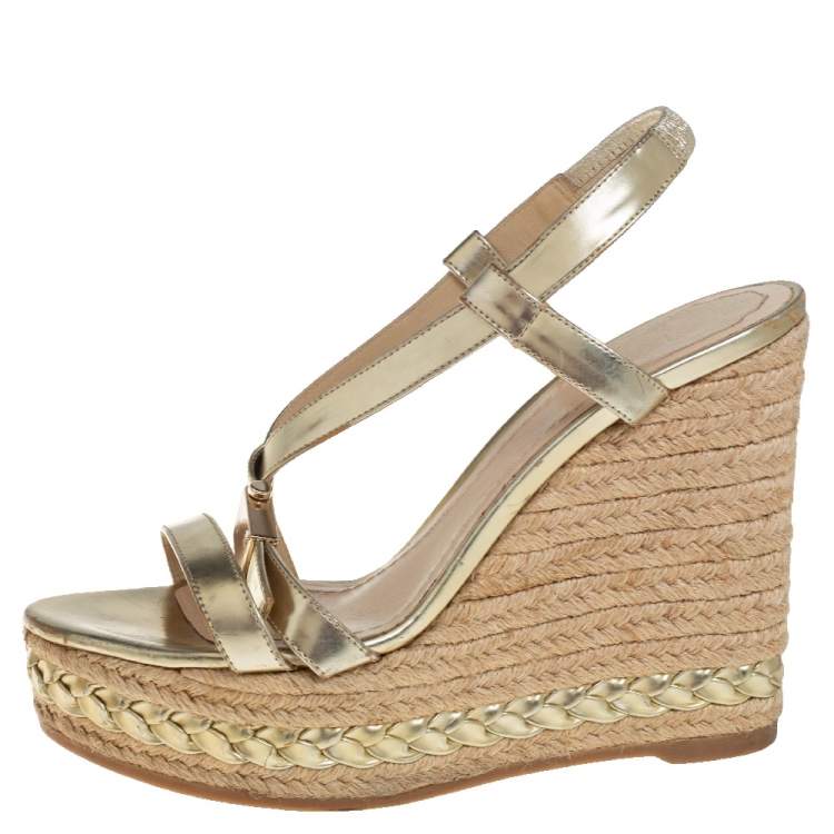 Pre Owned Dior Metallic Gold Patent Leather Cross Strap Espadrille Wedge Sandals Size 38