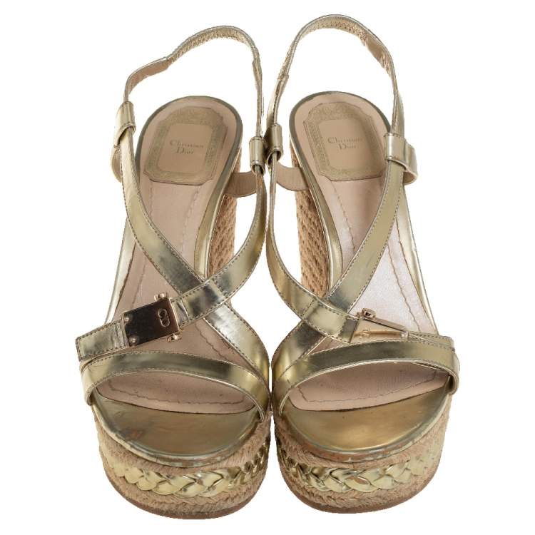 Pre Owned Dior Metallic Gold Patent Leather Cross Strap Espadrille Wedge Sandals Size 38