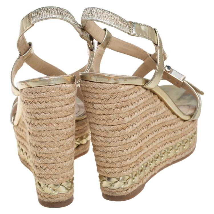 Pre Owned Dior Metallic Gold Patent Leather Cross Strap Espadrille Wedge Sandals Size 38