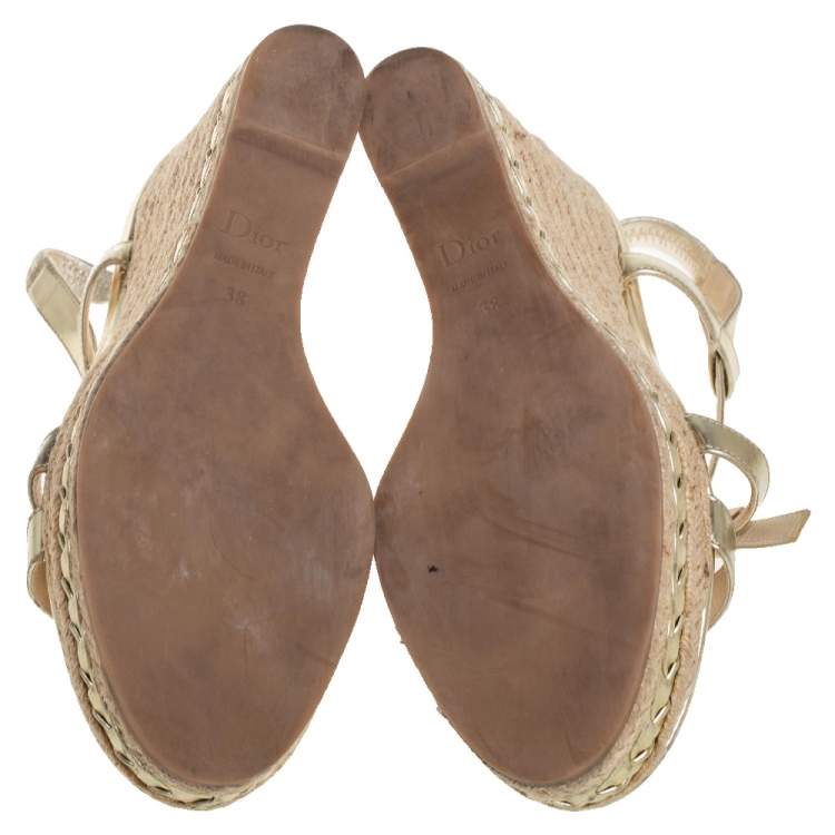 Pre Owned Dior Metallic Gold Patent Leather Cross Strap Espadrille Wedge Sandals Size 38