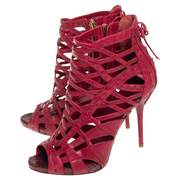 Pre Owned Dior Red Leather Gladiator Ankle Booties Size 37.5