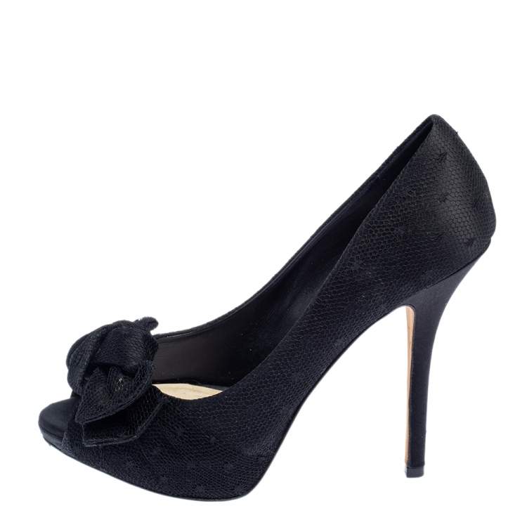 Pre Owned Dior Black Mesh and Satin Bow Platform Peep Toe Pumps Size 38