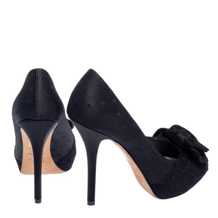 Pre Owned Dior Black Mesh and Satin Bow Platform Peep Toe Pumps Size 38