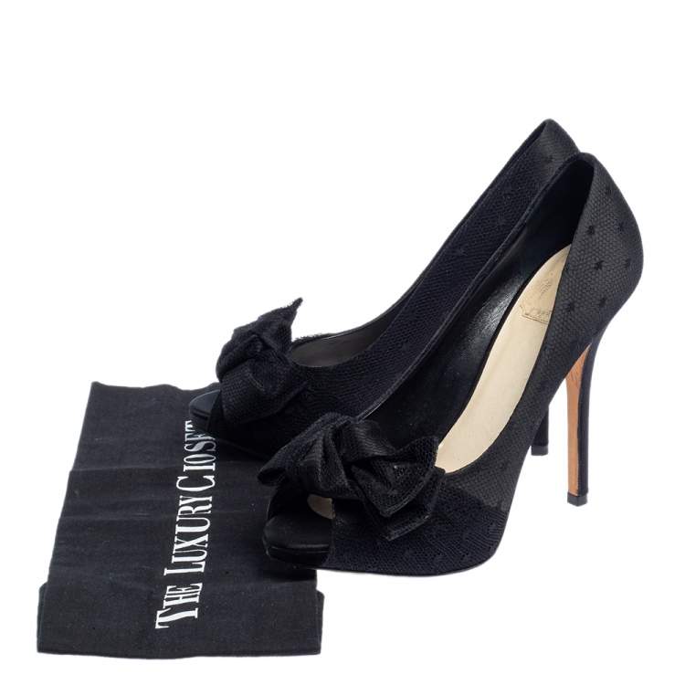 Pre Owned Dior Black Mesh and Satin Bow Platform Peep Toe Pumps Size 38