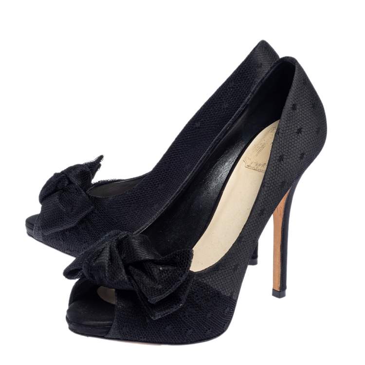 Pre Owned Dior Black Mesh and Satin Bow Platform Peep Toe Pumps Size 38