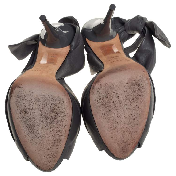Pre Owned Dior Grey Pleated Leather Peep Toe D'orsay Bow Slingback Sandals Size 36.5