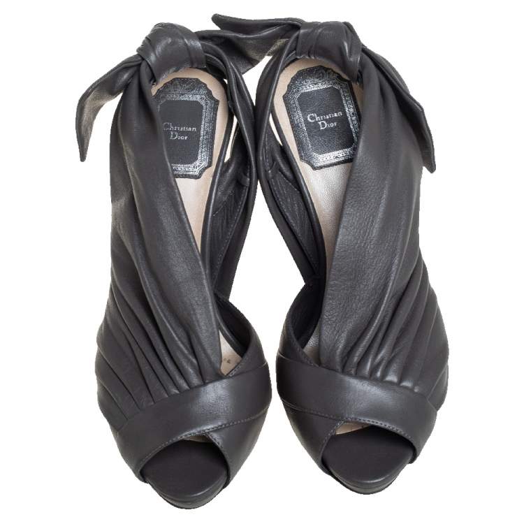 Pre Owned Dior Grey Pleated Leather Peep Toe D'orsay Bow Slingback Sandals Size 36.5
