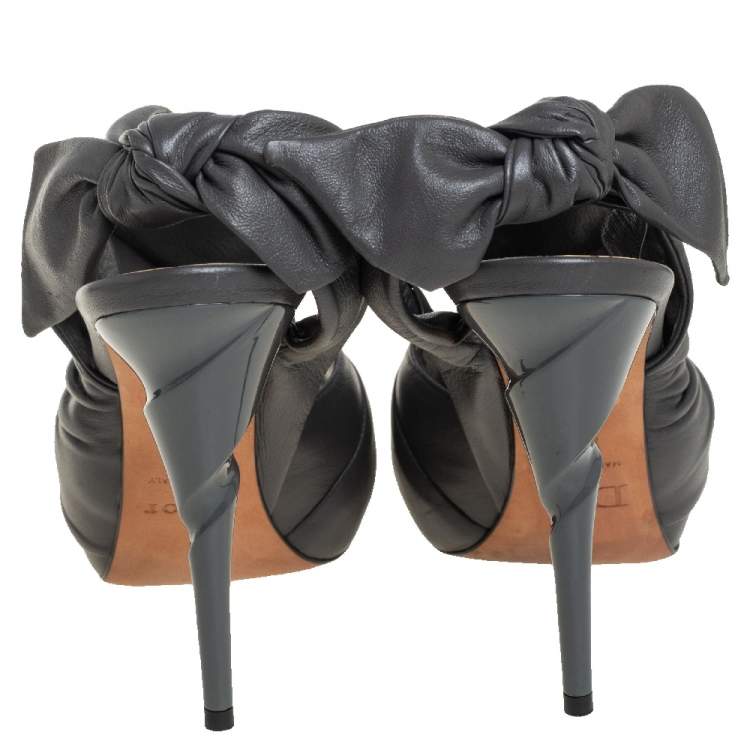 Pre Owned Dior Grey Pleated Leather Peep Toe D'orsay Bow Slingback Sandals Size 36.5
