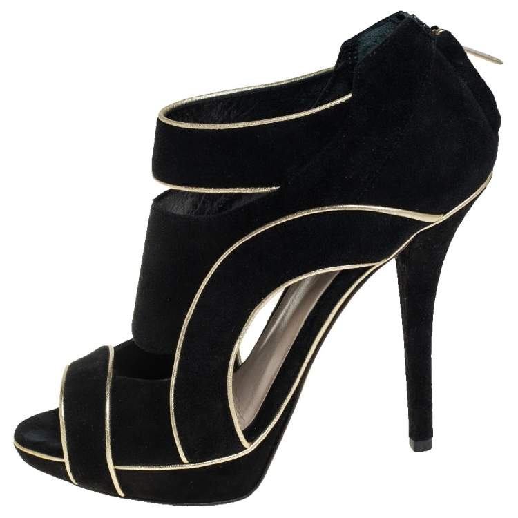 Pre Owned Dior Black Suede And Gold Leather Trim Caged Platform Pump Size 36.5