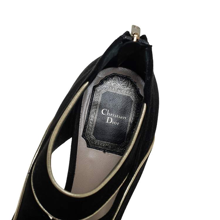 Pre Owned Dior Black Suede And Gold Leather Trim Caged Platform Pump Size 36.5