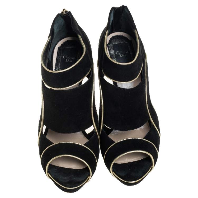 Pre Owned Dior Black Suede And Gold Leather Trim Caged Platform Pump Size 36.5