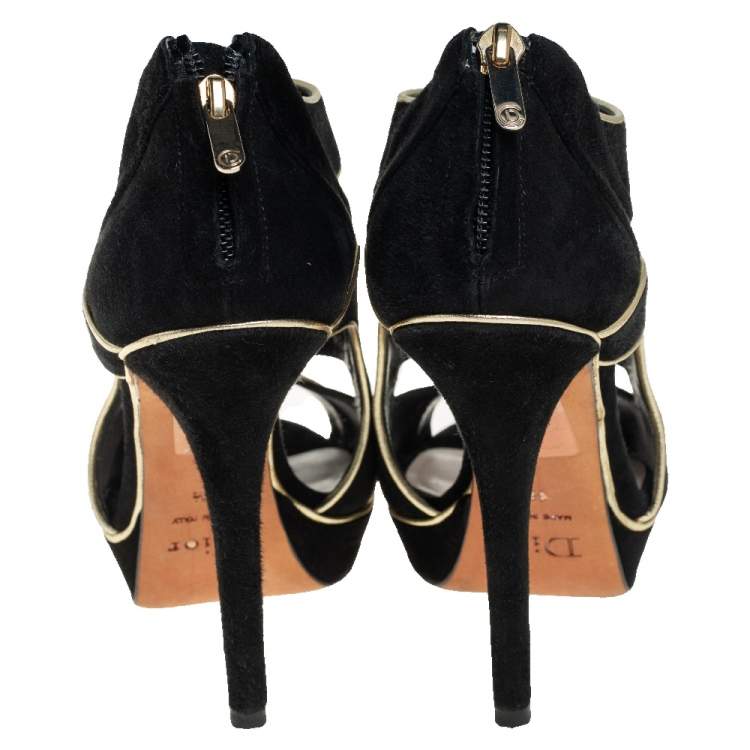 Pre Owned Dior Black Suede And Gold Leather Trim Caged Platform Pump Size 36.5
