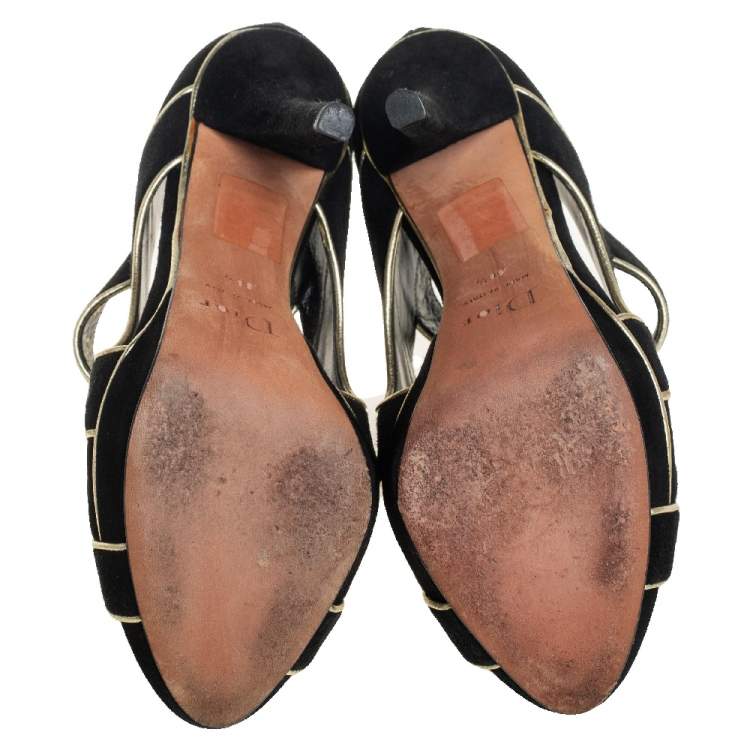 Pre Owned Dior Black Suede And Gold Leather Trim Caged Platform Pump Size 36.5