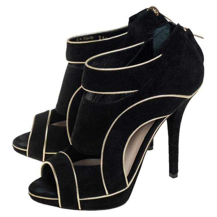 Pre Owned Dior Black Suede And Gold Leather Trim Caged Platform Pump Size 36.5
