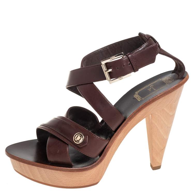 Pre Owned Dior Brown Leather Criss Cross Platform Ankle Strap Sandals Size 38