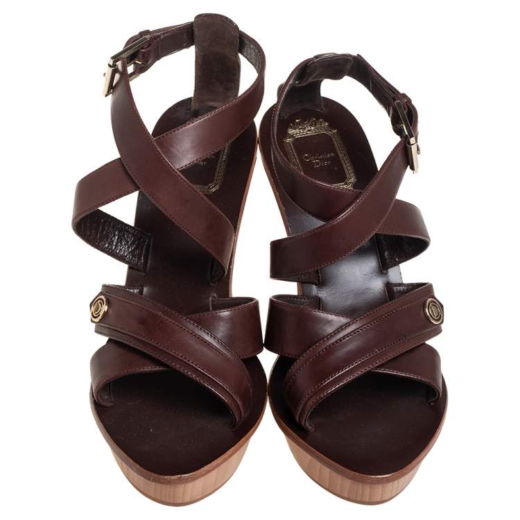 Pre Owned Dior Brown Leather Criss Cross Platform Ankle Strap Sandals Size 38