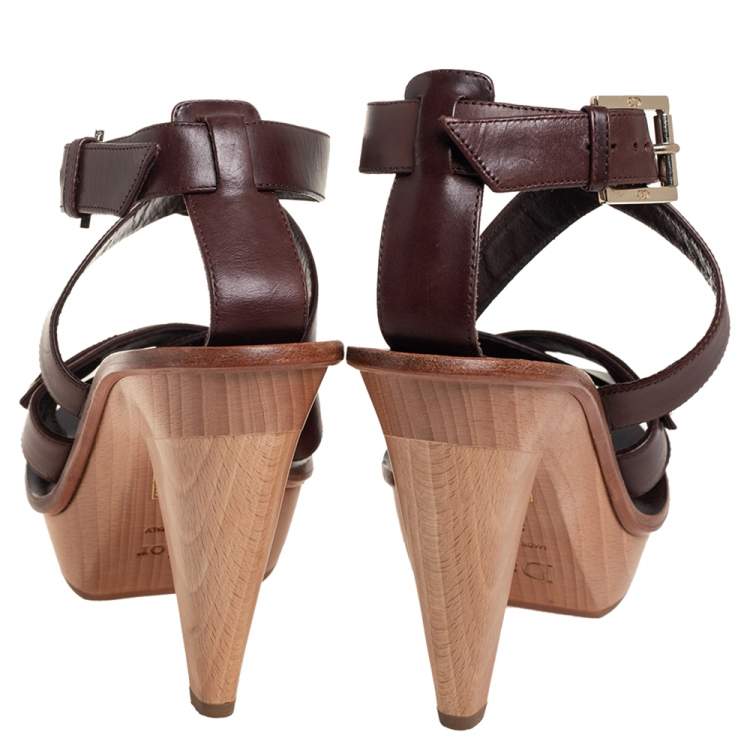 Pre Owned Dior Brown Leather Criss Cross Platform Ankle Strap Sandals Size 38