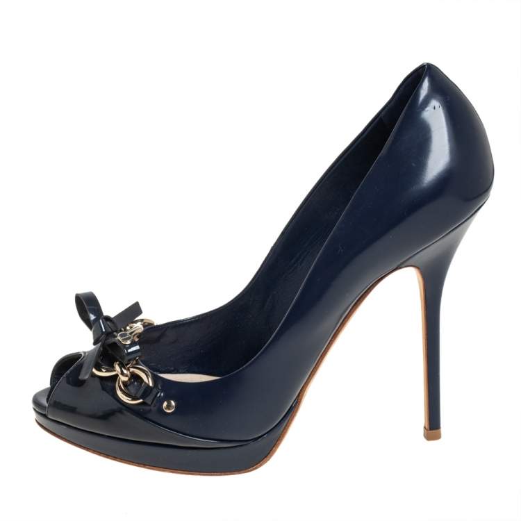 Pre Owned Dior Blue Leather Bow Chain Detail Peep Toe Pumps Size 40