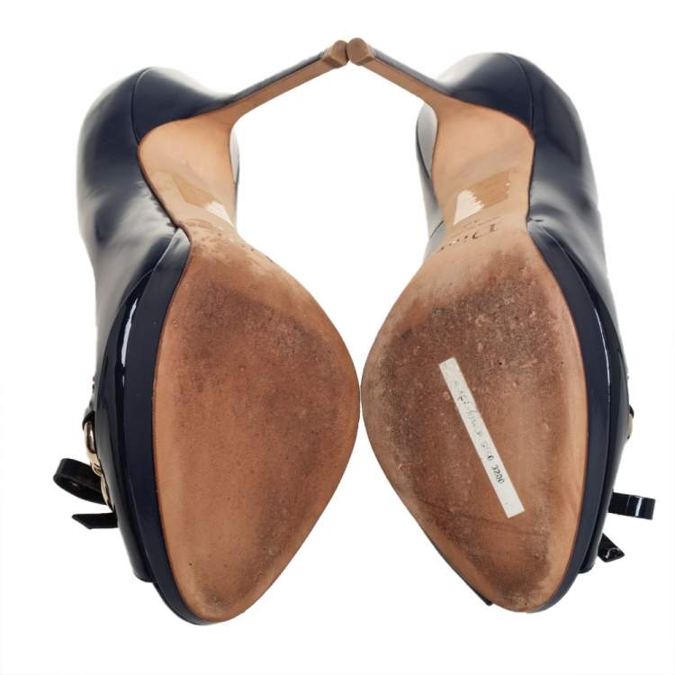 Pre Owned Dior Blue Leather Bow Chain Detail Peep Toe Pumps Size 40