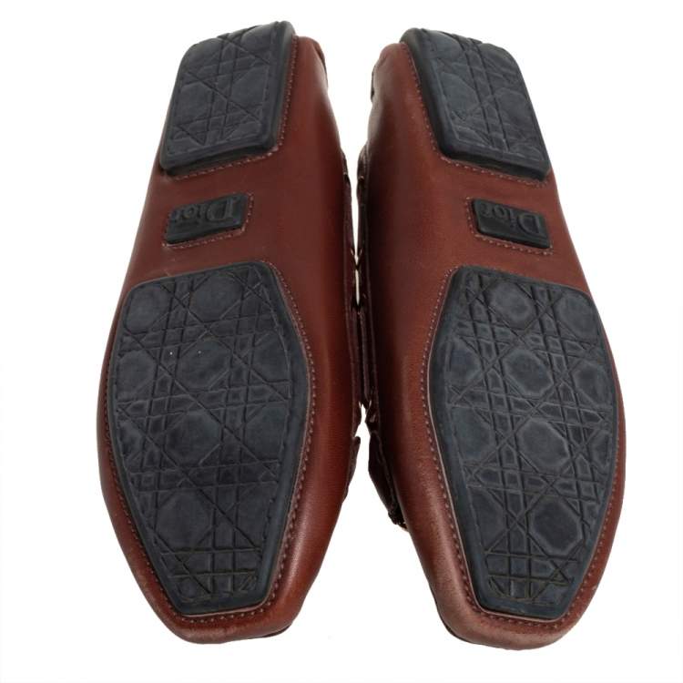 Pre Owned Dior Brown Leather CD Buckle Embellished Slip On Loafers Size 37