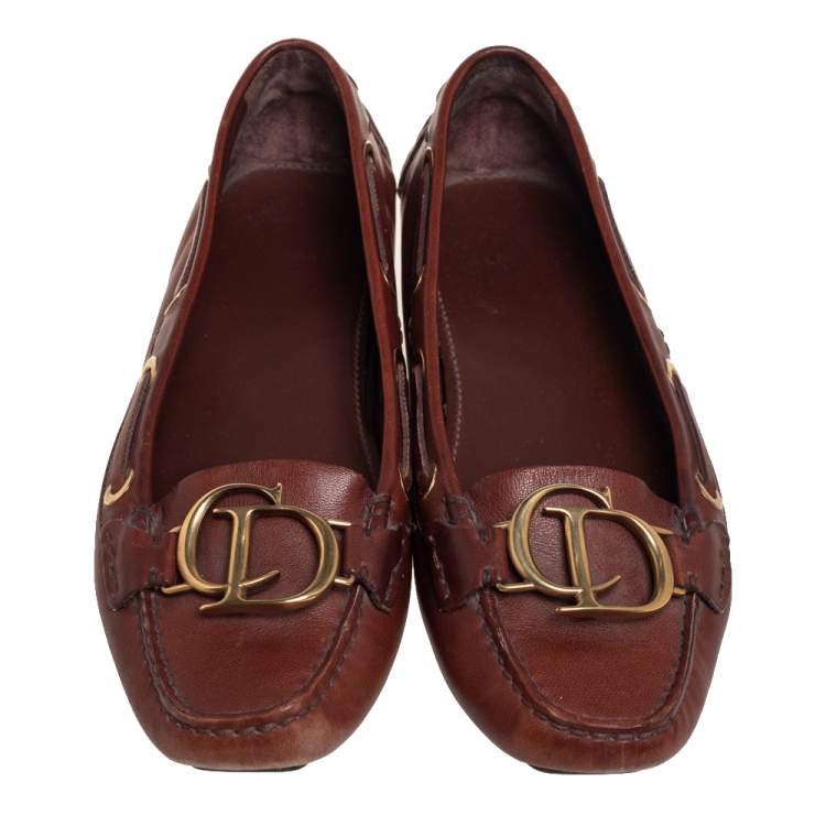 Pre Owned Dior Brown Leather CD Buckle Embellished Slip On Loafers Size 37