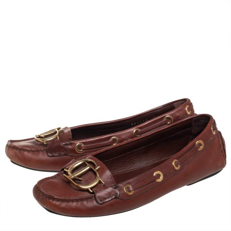 Pre Owned Dior Brown Leather CD Buckle Embellished Slip On Loafers Size 37