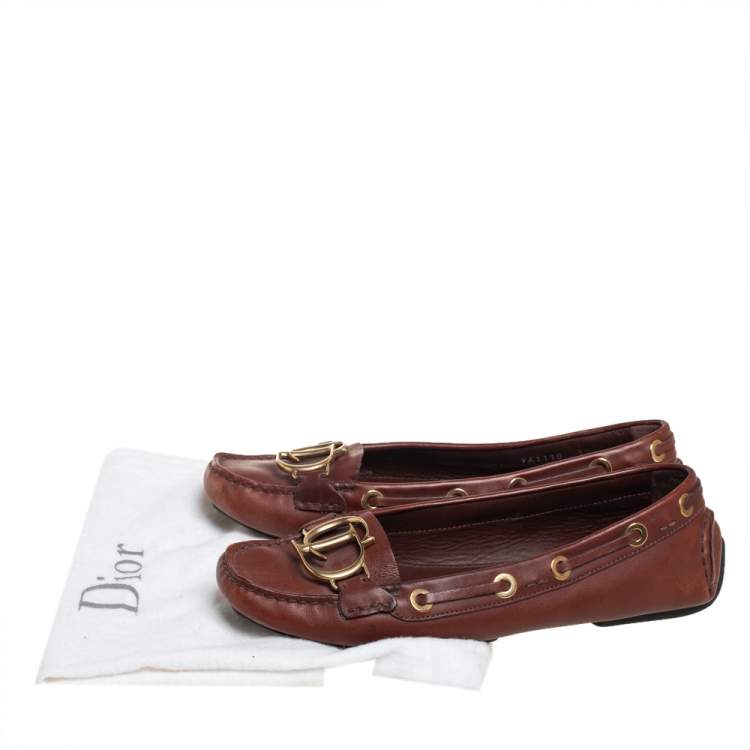 Pre Owned Dior Brown Leather CD Buckle Embellished Slip On Loafers Size 37