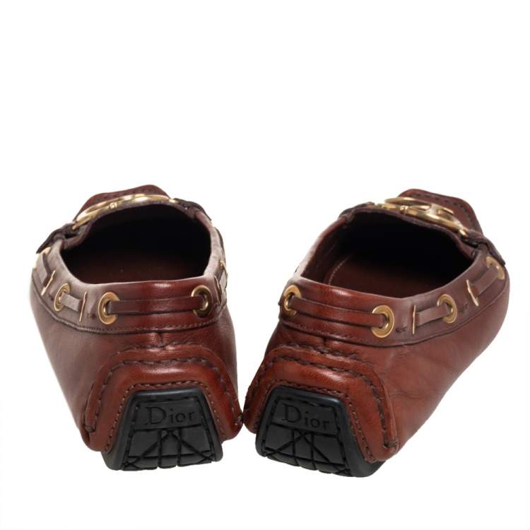 Pre Owned Dior Brown Leather CD Buckle Embellished Slip On Loafers Size 37