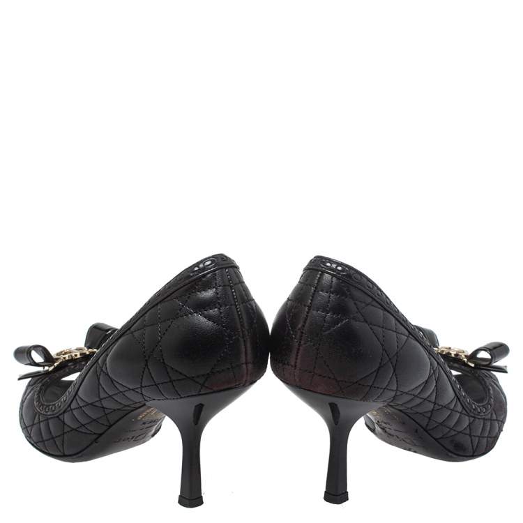 Pre Owned Dior Black Cannage Leather Bow Peep Toe Pumps Size 36.5