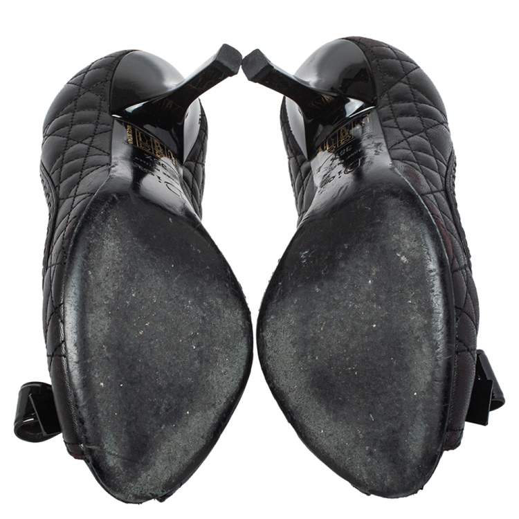 Pre Owned Dior Black Cannage Leather Bow Peep Toe Pumps Size 36.5