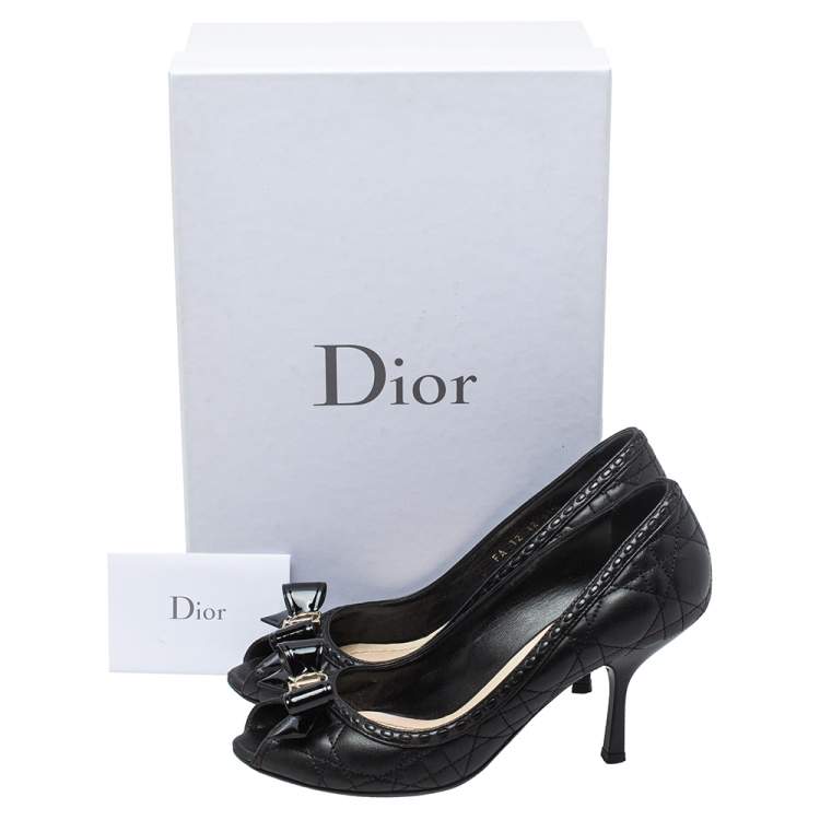Pre Owned Dior Black Cannage Leather Bow Peep Toe Pumps Size 36.5