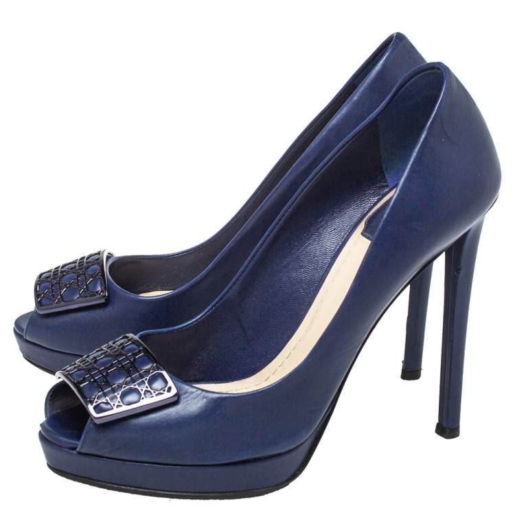 Pre Owned Dior Blue Leather Metal Bow Peep Toe Pumps Size 37