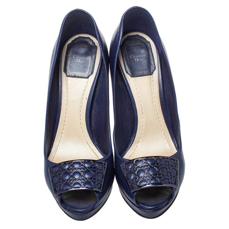 Pre Owned Dior Blue Leather Metal Bow Peep Toe Pumps Size 37