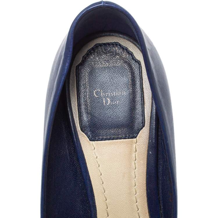Pre Owned Dior Blue Leather Metal Bow Peep Toe Pumps Size 37